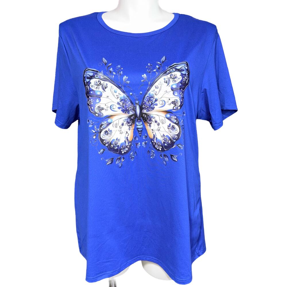 Boutique Womens Butterfly T Shirt Top Short Sleeve Pullover Floral Blue 5XL